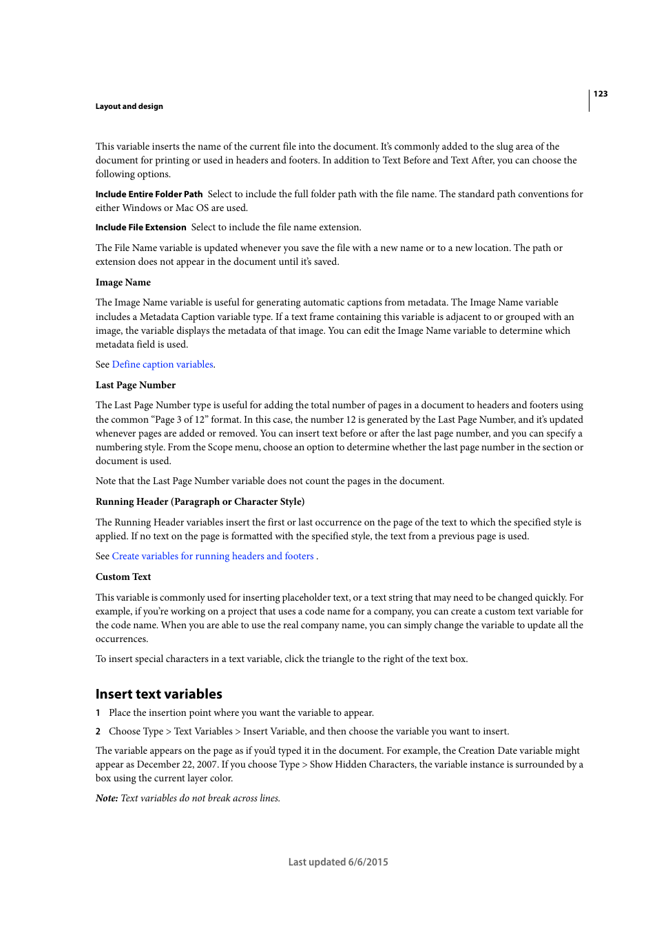 Insert text variables | Adobe InDesign CC 2015 User Manual | Page 128 / 643