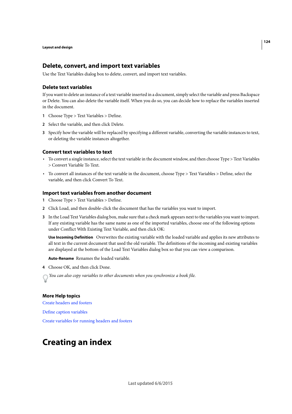 Delete, convert, and import text variables, Delete text variables, Convert text variables to text | Import text variables from another document, Creating an index | Adobe InDesign CC 2015 User Manual | Page 129 / 643