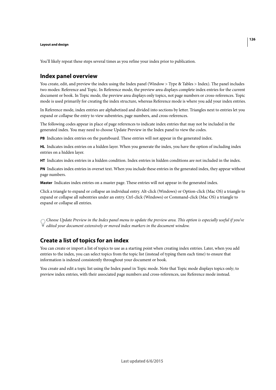 Index panel overview, Create a list of topics for an index, Create a list of | Topics for an index | Adobe InDesign CC 2015 User Manual | Page 131 / 643