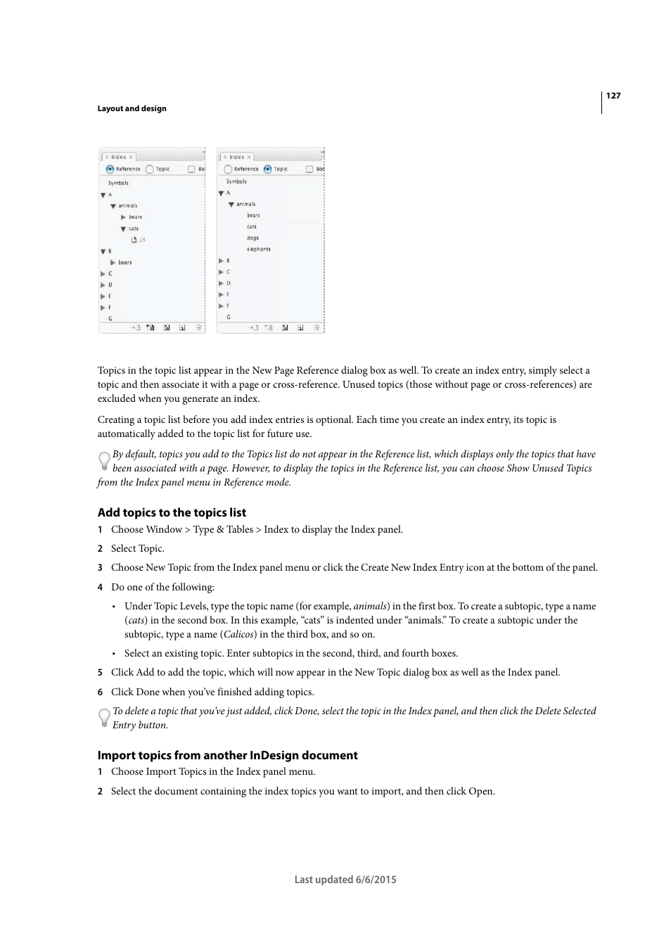 Add topics to the topics list, Import topics from another indesign document | Adobe InDesign CC 2015 User Manual | Page 132 / 643