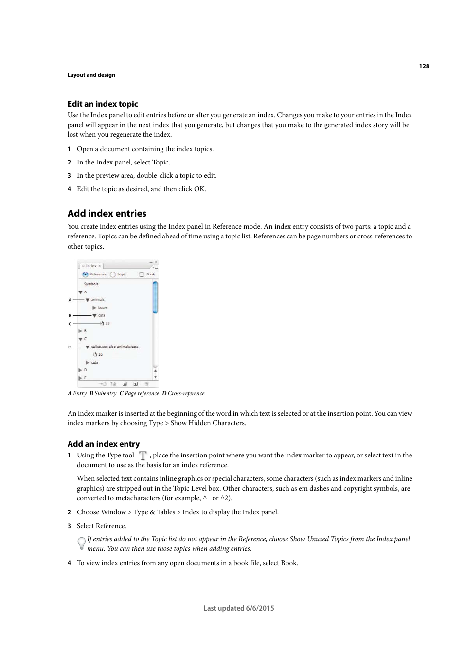 Edit an index topic, Add index entries, Add an index entry | Adobe InDesign CC 2015 User Manual | Page 133 / 643