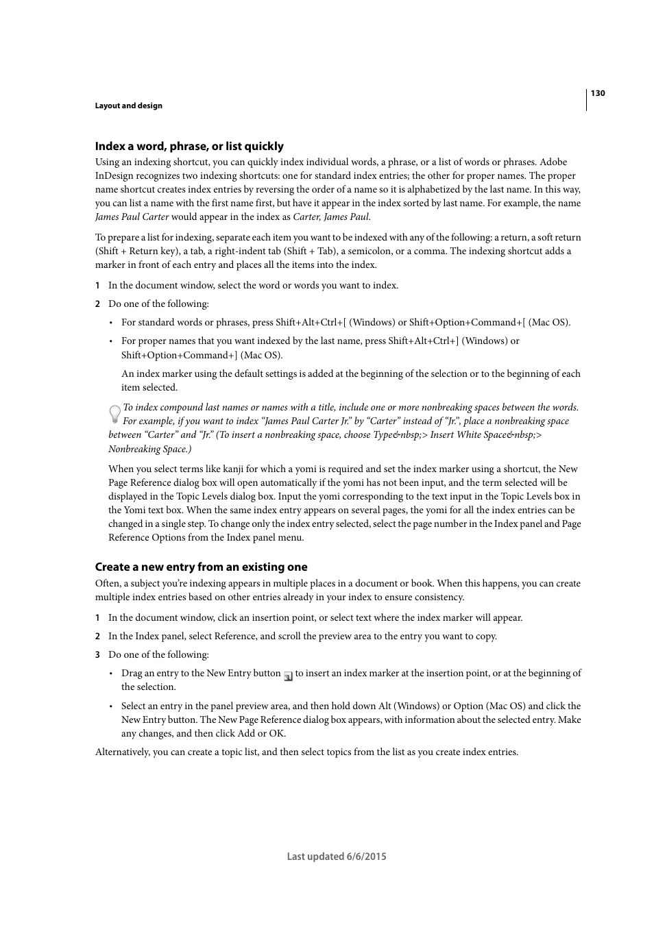 Index a word, phrase, or list quickly, Create a new entry from an existing one | Adobe InDesign CC 2015 User Manual | Page 135 / 643