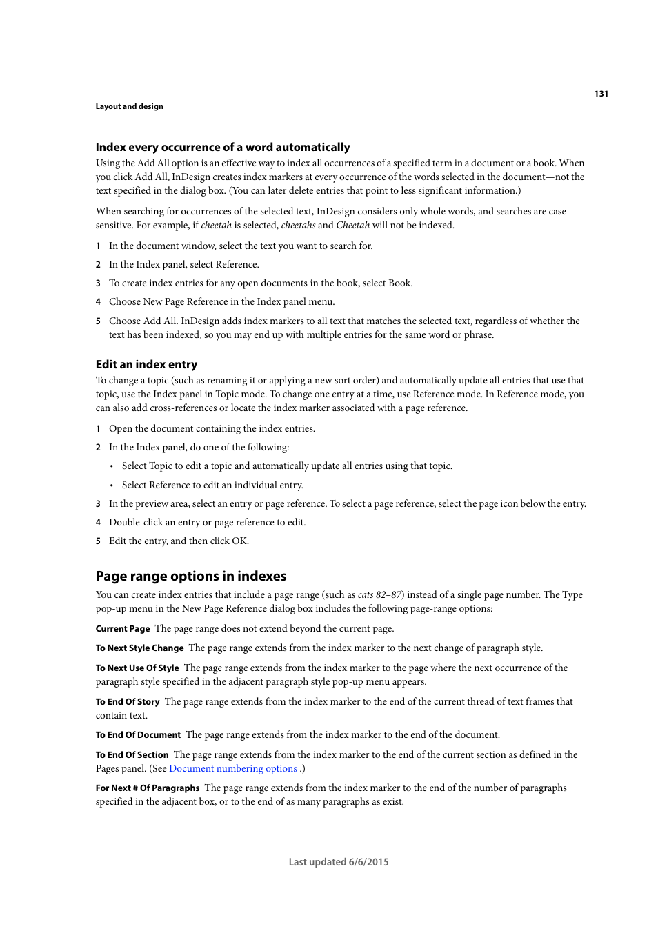 Index every occurrence of a word automatically, Edit an index entry, Page range options in indexes | Adobe InDesign CC 2015 User Manual | Page 136 / 643