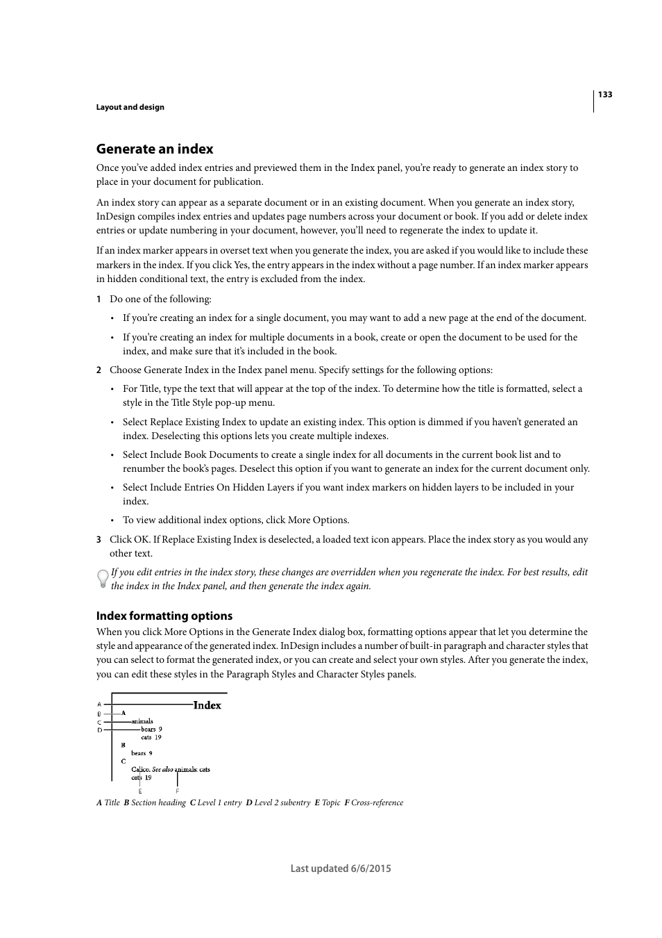 Generate an index, Index formatting options | Adobe InDesign CC 2015 User Manual | Page 138 / 643