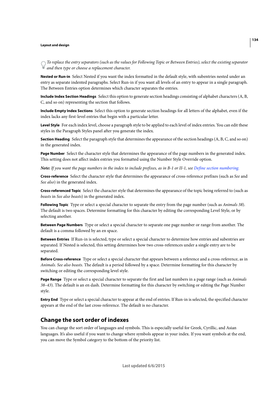 Change the sort order of indexes | Adobe InDesign CC 2015 User Manual | Page 139 / 643