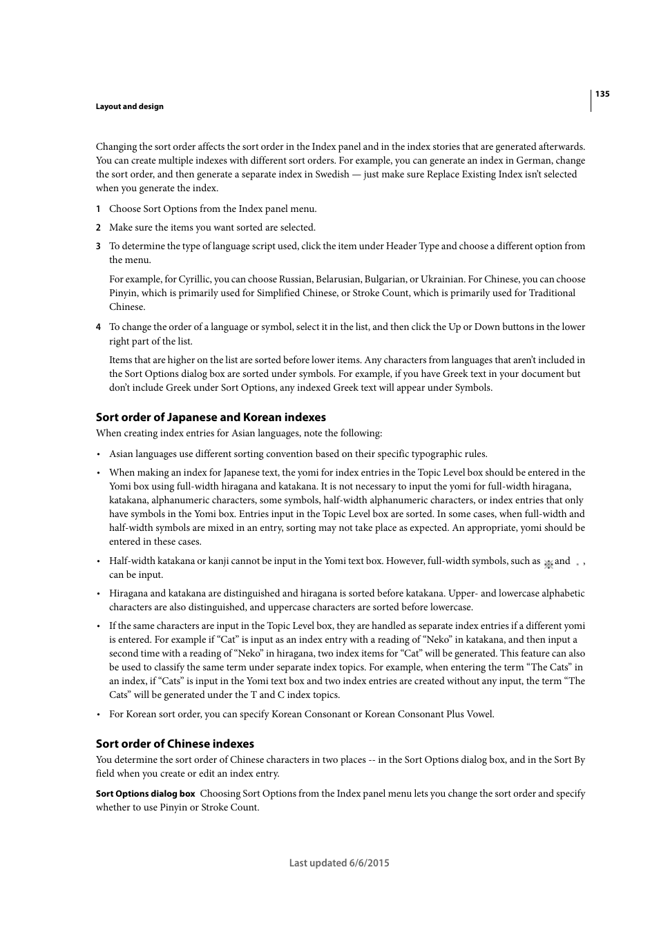 Sort order of japanese and korean indexes, Sort order of chinese indexes | Adobe InDesign CC 2015 User Manual | Page 140 / 643