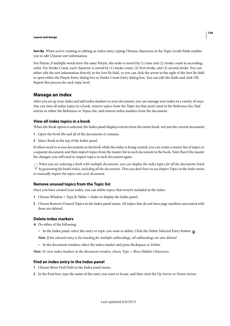 Manage an index, View all index topics in a book, Remove unused topics from the topic list | Delete index markers, Find an index entry in the index panel | Adobe InDesign CC 2015 User Manual | Page 141 / 643