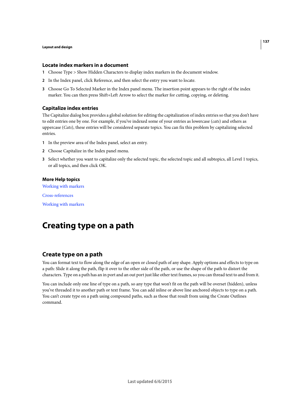 Locate index markers in a document, Capitalize index entries, Creating type on a path | Create type on a path | Adobe InDesign CC 2015 User Manual | Page 142 / 643