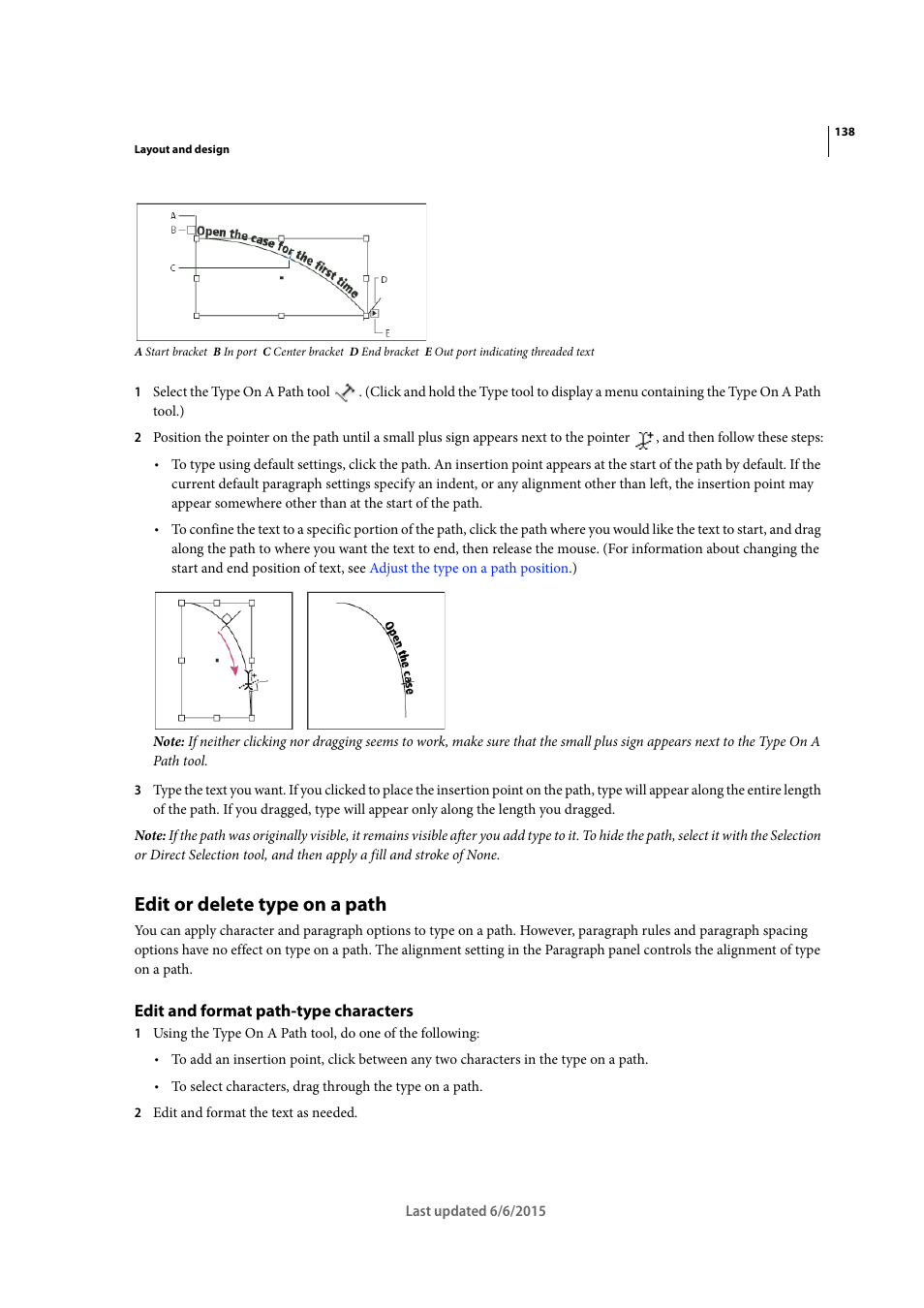 Edit or delete type on a path, Edit and format path-type characters | Adobe InDesign CC 2015 User Manual | Page 143 / 643