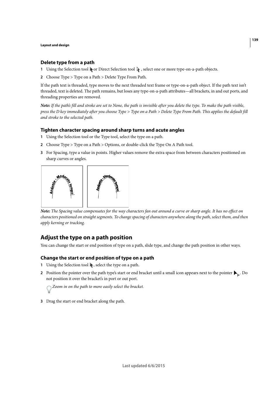 Delete type from a path, Adjust the type on a path position, Change the start or end position of type on a path | Adobe InDesign CC 2015 User Manual | Page 144 / 643