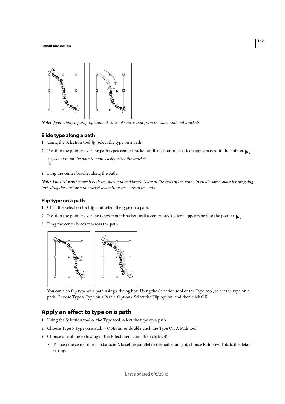 Slide type along a path, Flip type on a path, Apply an effect to type on a path | Adobe InDesign CC 2015 User Manual | Page 145 / 643