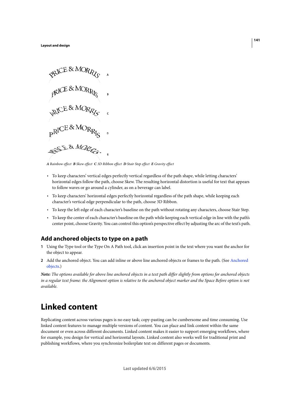 Add anchored objects to type on a path, Linked content | Adobe InDesign CC 2015 User Manual | Page 146 / 643