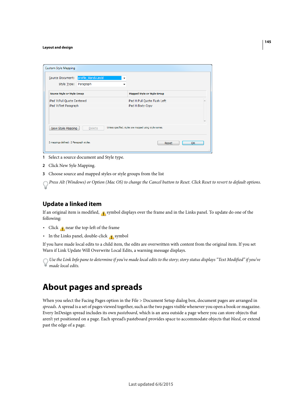 Update a linked item, About pages and spreads | Adobe InDesign CC 2015 User Manual | Page 150 / 643