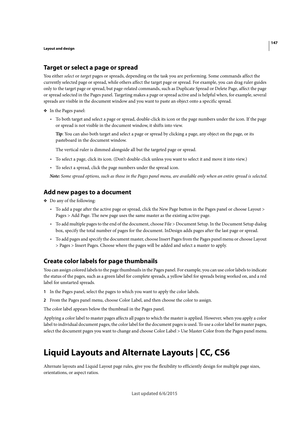 Liquid layouts and alternate layouts | cc, cs6, Target or select a page or spread, Add new pages to a document | Create color labels for page thumbnails | Adobe InDesign CC 2015 User Manual | Page 152 / 643