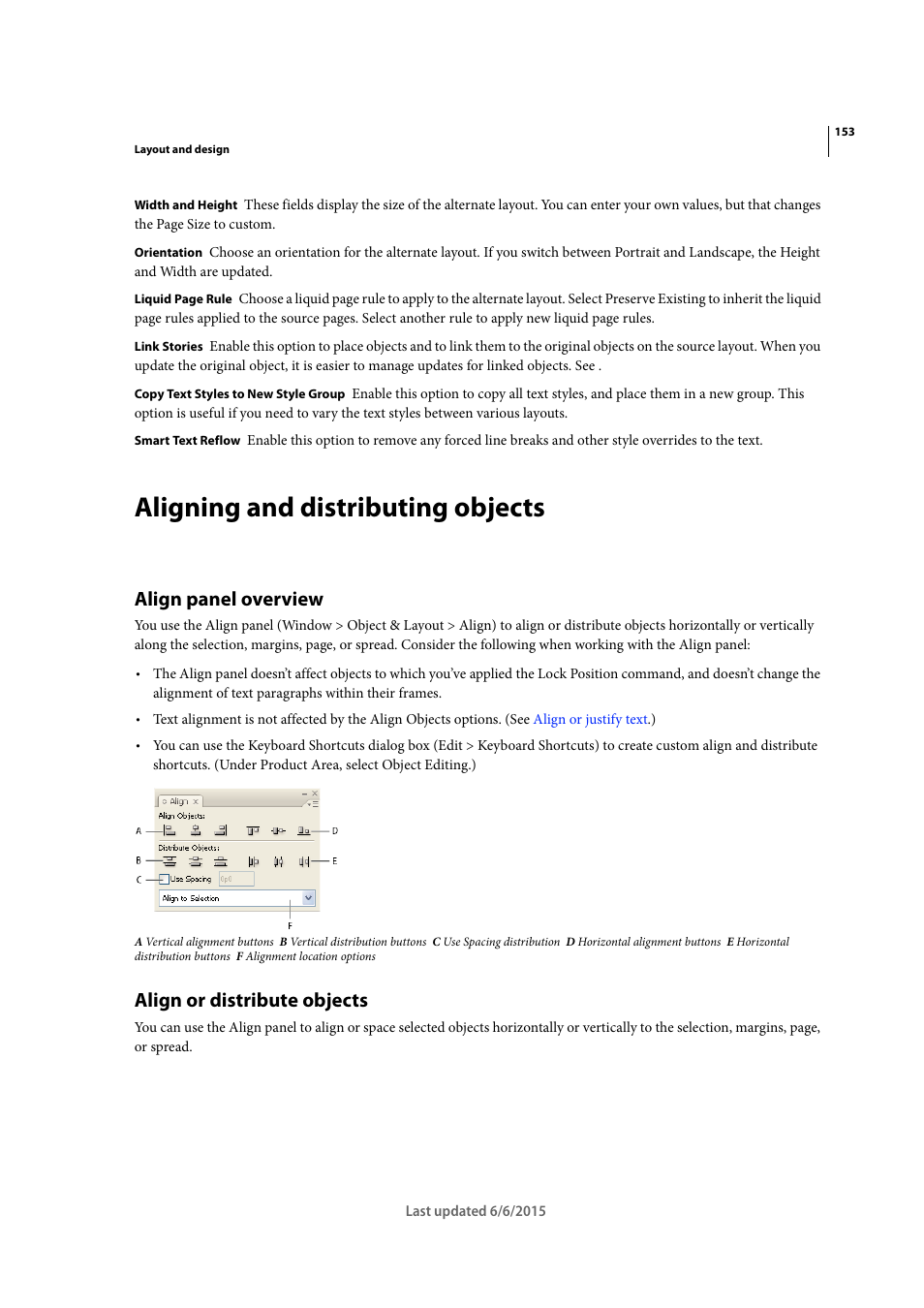 Aligning and distributing objects, Align panel overview, Align or distribute objects | Adobe InDesign CC 2015 User Manual | Page 158 / 643