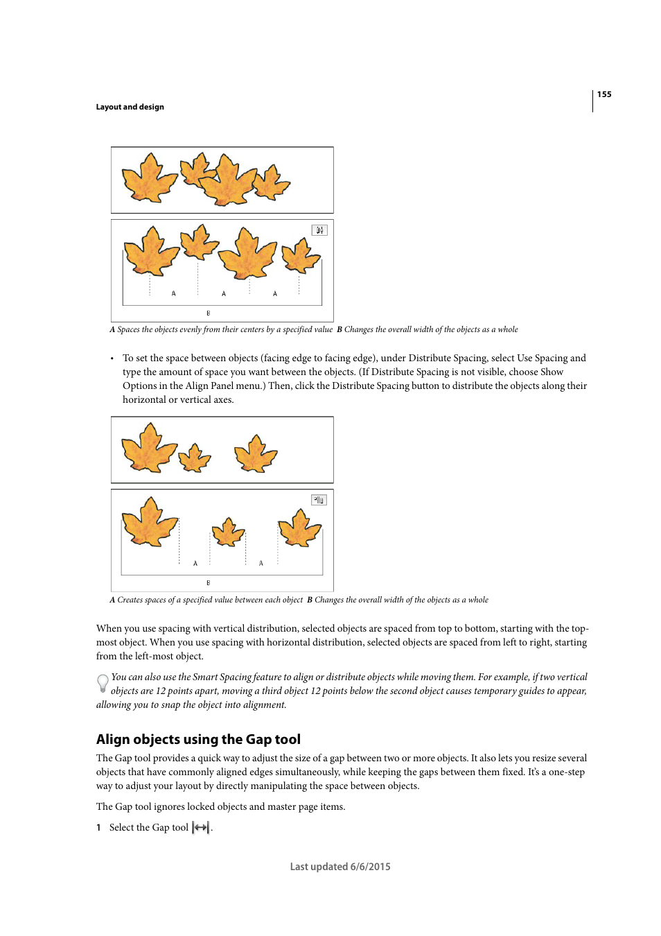 Align objects using the gap tool | Adobe InDesign CC 2015 User Manual | Page 160 / 643