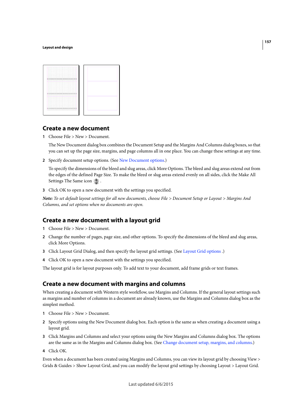 Create a new document, Create a new document with a layout grid, Create a new document with margins and columns | Adobe InDesign CC 2015 User Manual | Page 162 / 643