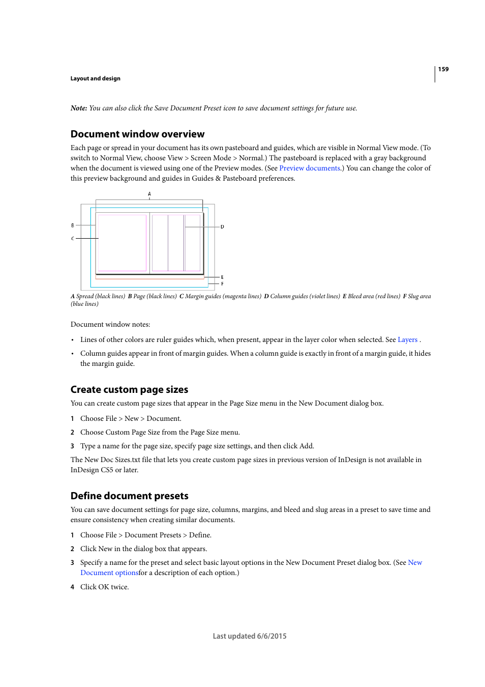 Document window overview, Define document presets, Create custom page sizes | Adobe InDesign CC 2015 User Manual | Page 164 / 643