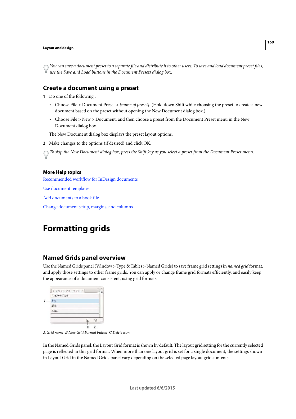 Create a document using a preset, Formatting grids, Named grids panel overview | Adobe InDesign CC 2015 User Manual | Page 165 / 643