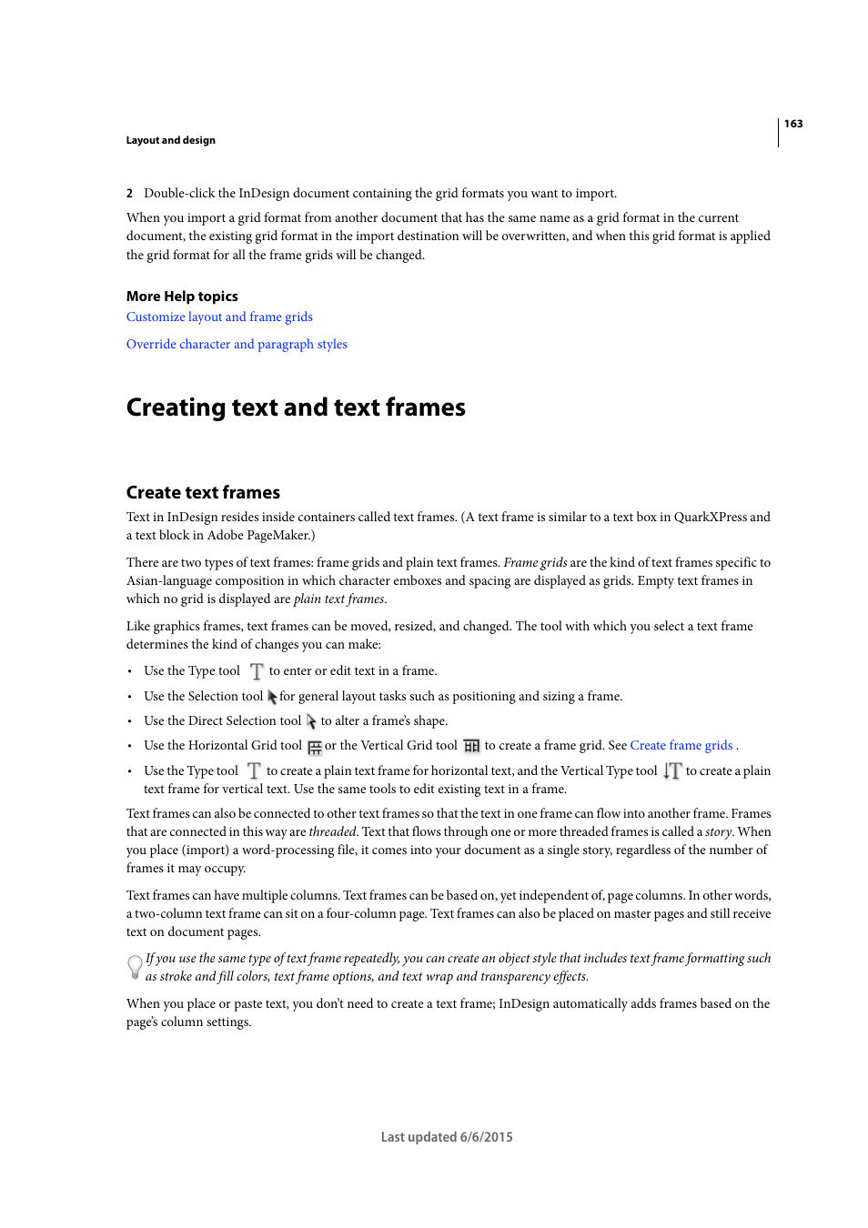 Creating text and text frames, Create text frames | Adobe InDesign CC 2015 User Manual | Page 168 / 643