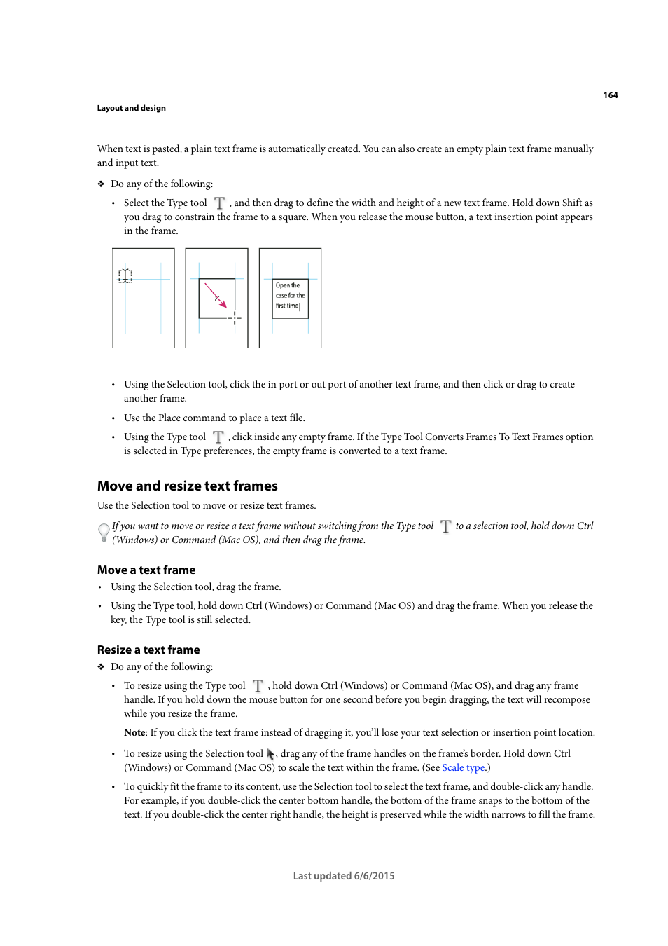 Move and resize text frames, Move a text frame, Resize a text frame | Adobe InDesign CC 2015 User Manual | Page 169 / 643