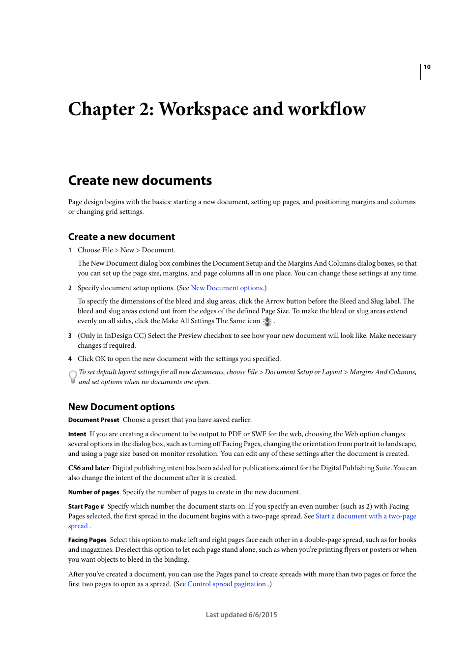 Chapter 2: workspace and workflow, Create new documents, Create a new document | New document options | Adobe InDesign CC 2015 User Manual | Page 17 / 643