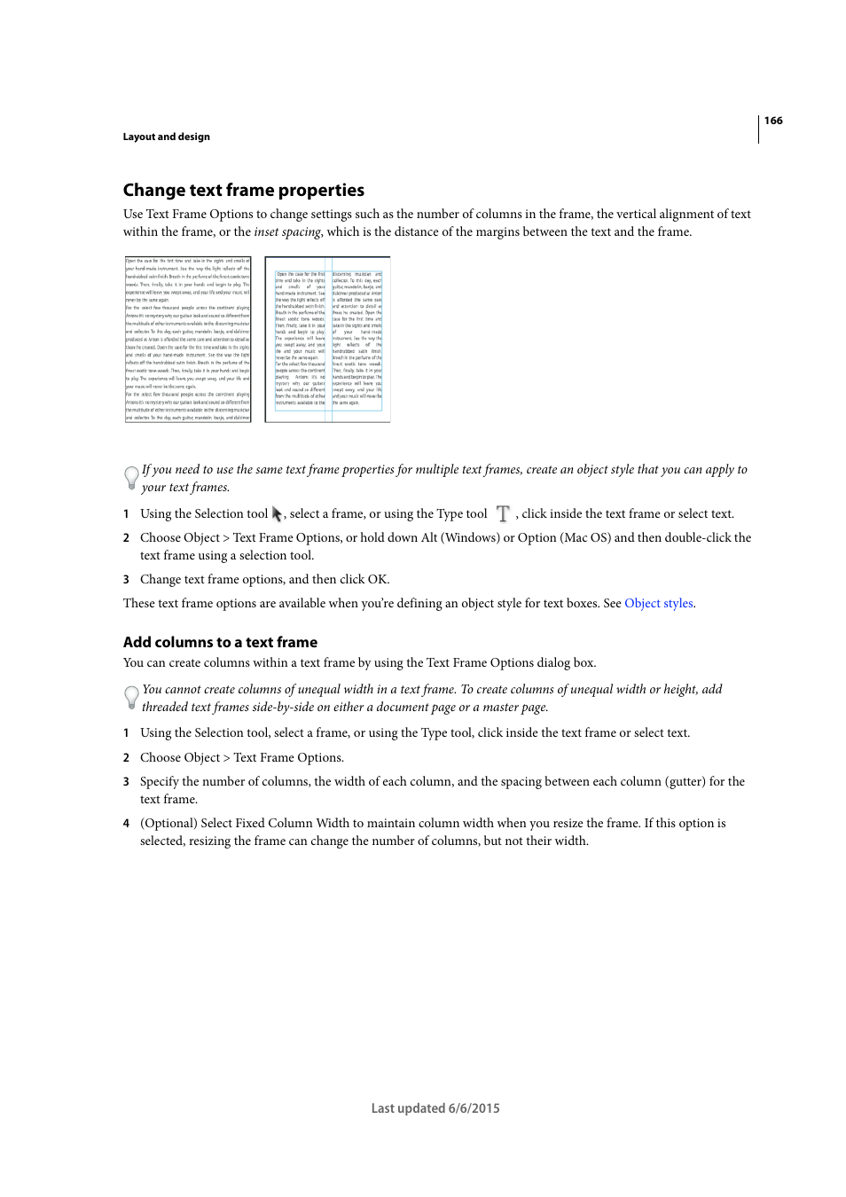 Change text frame properties, Add columns to a text frame | Adobe InDesign CC 2015 User Manual | Page 171 / 643