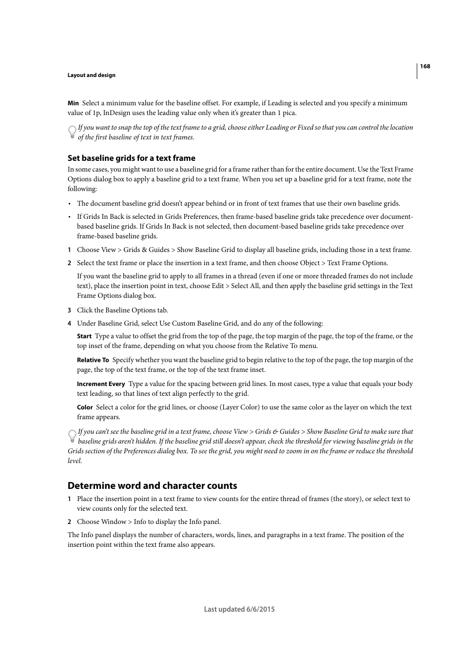 Set baseline grids for a text frame, Determine word and character counts | Adobe InDesign CC 2015 User Manual | Page 173 / 643