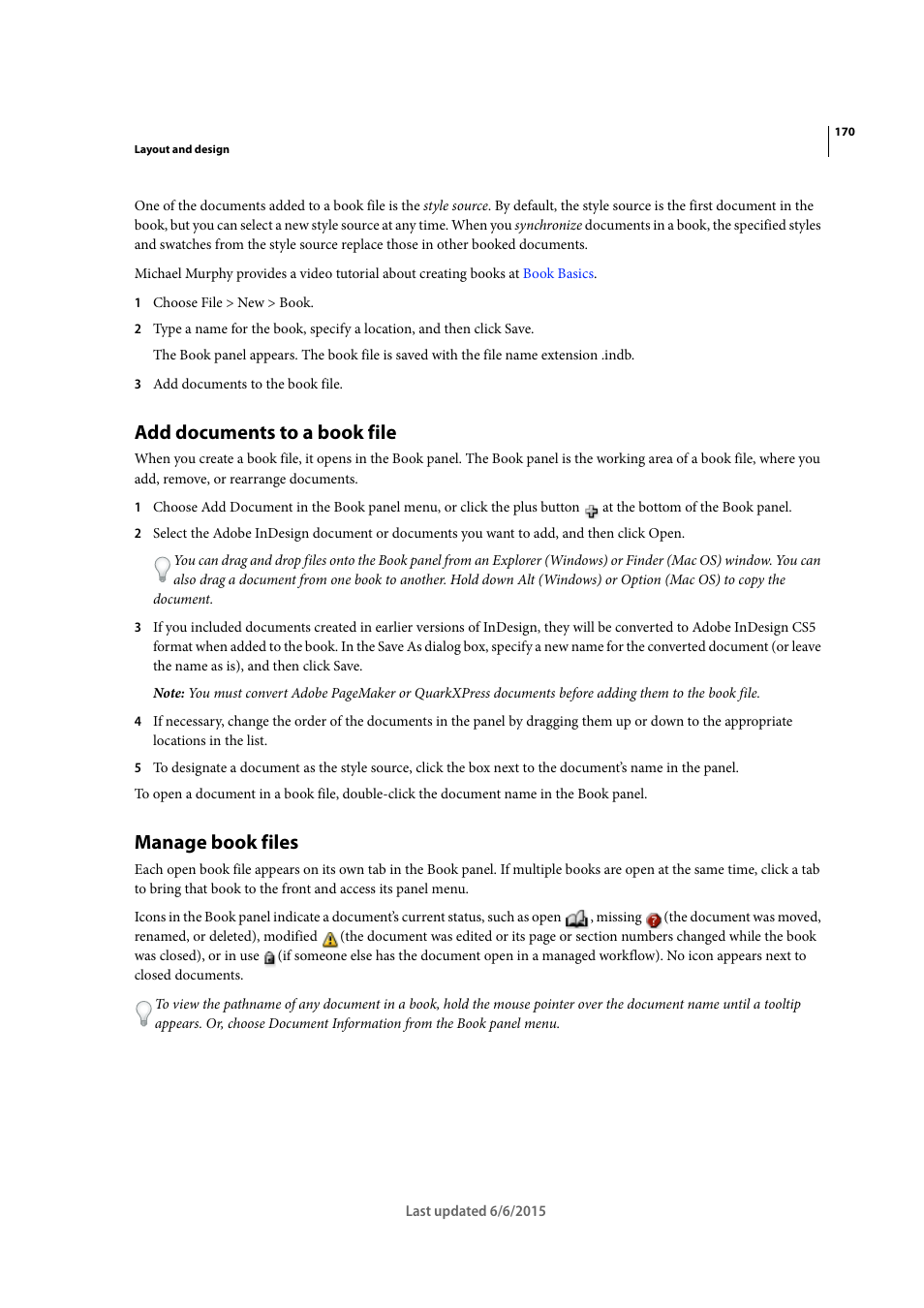 Add documents to a book file, Manage book files | Adobe InDesign CC 2015 User Manual | Page 175 / 643