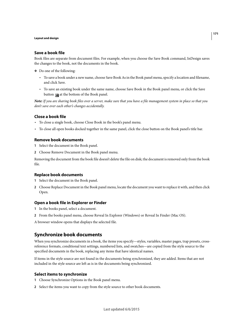 Save a book file, Close a book file, Remove book documents | Replace book documents, Open a book file in explorer or finder, Synchronize book documents, Select items to synchronize, Synchronize book, Documents | Adobe InDesign CC 2015 User Manual | Page 176 / 643