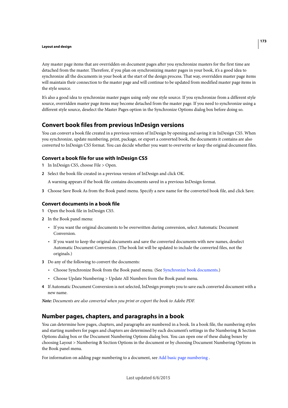 Convert book files from previous indesign versions, Convert a book file for use with indesign cs5, Convert documents in a book file | Number pages, chapters, and paragraphs in a book | Adobe InDesign CC 2015 User Manual | Page 178 / 643