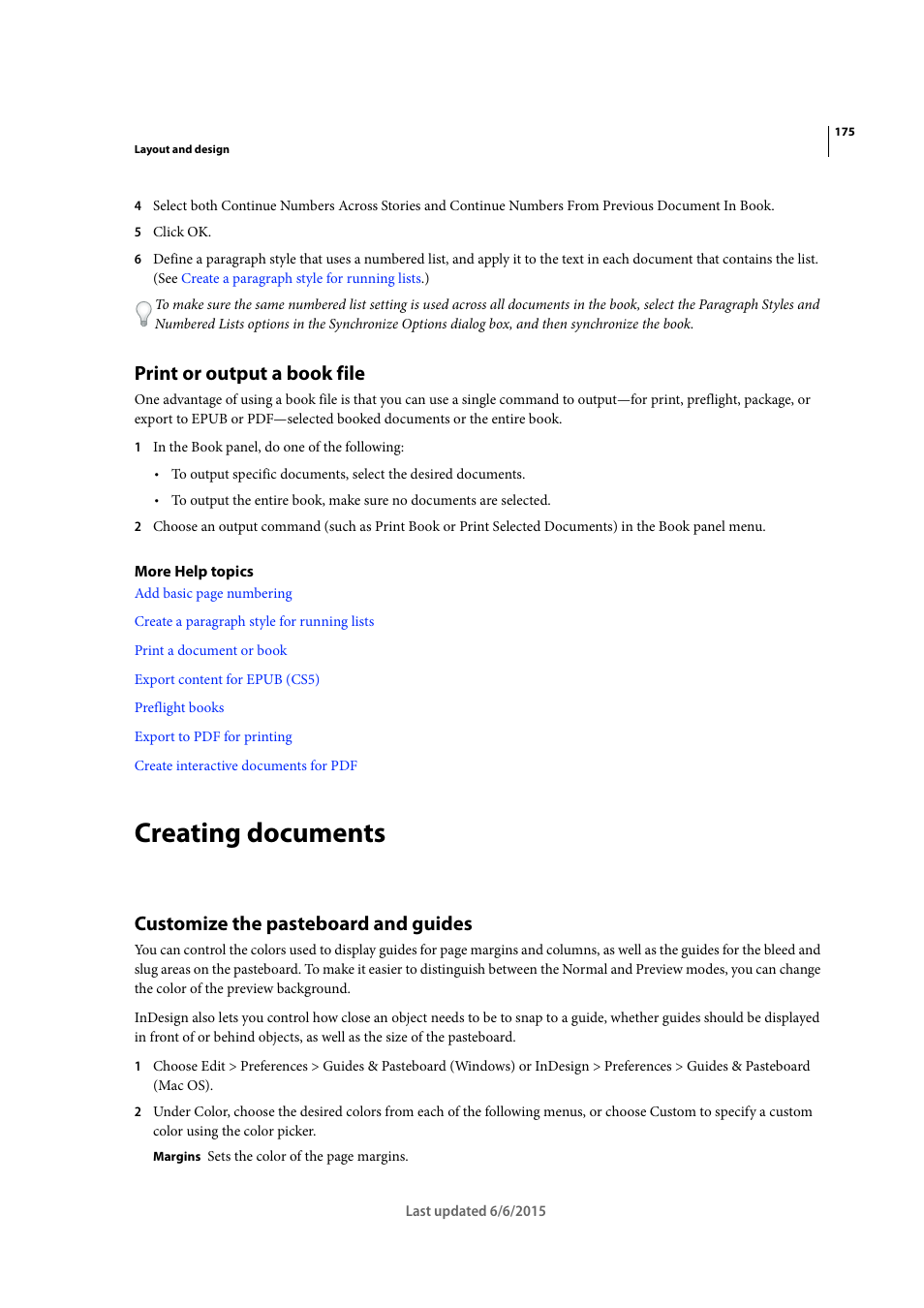 Print or output a book file, Creating documents, Customize the pasteboard and guides | Adobe InDesign CC 2015 User Manual | Page 180 / 643