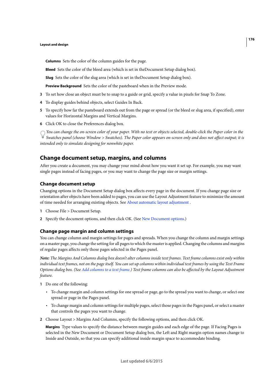 Change document setup, margins, and columns, Change document setup | Adobe InDesign CC 2015 User Manual | Page 181 / 643