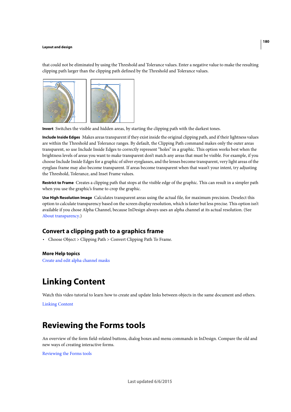 Convert a clipping path to a graphics frame, Linking content, Reviewing the forms tools | Adobe InDesign CC 2015 User Manual | Page 185 / 643