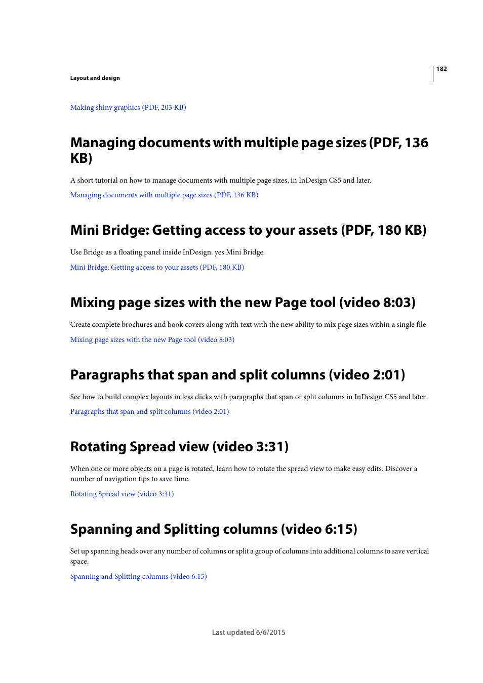 Rotating spread view (video 3:31), Spanning and splitting columns (video 6:15) | Adobe InDesign CC 2015 User Manual | Page 187 / 643