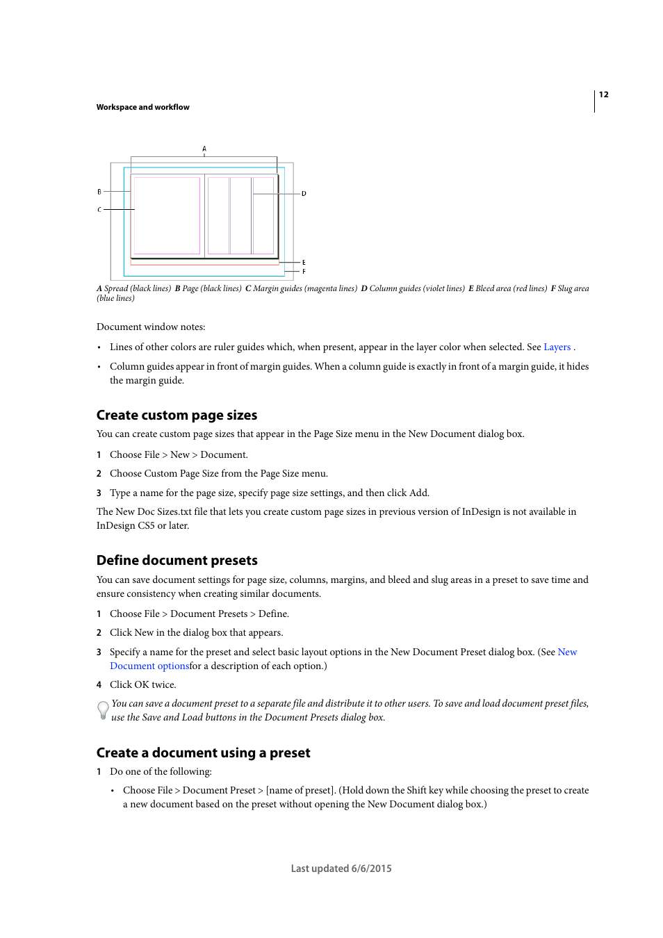 Define document presets, Create a document using a preset, Create custom page sizes | Adobe InDesign CC 2015 User Manual | Page 19 / 643