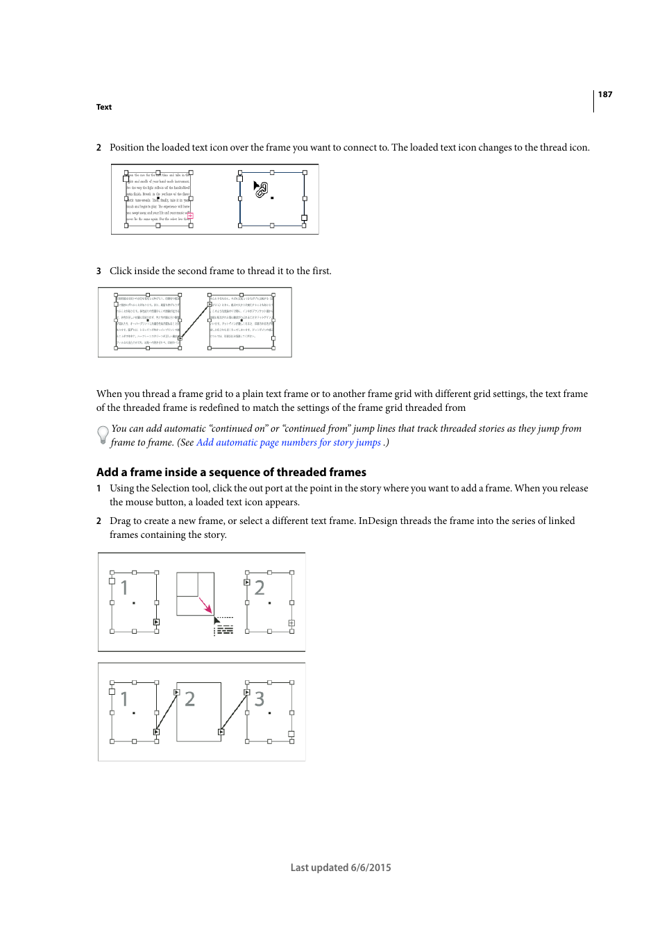 Add a frame inside a sequence of threaded frames | Adobe InDesign CC 2015 User Manual | Page 192 / 643