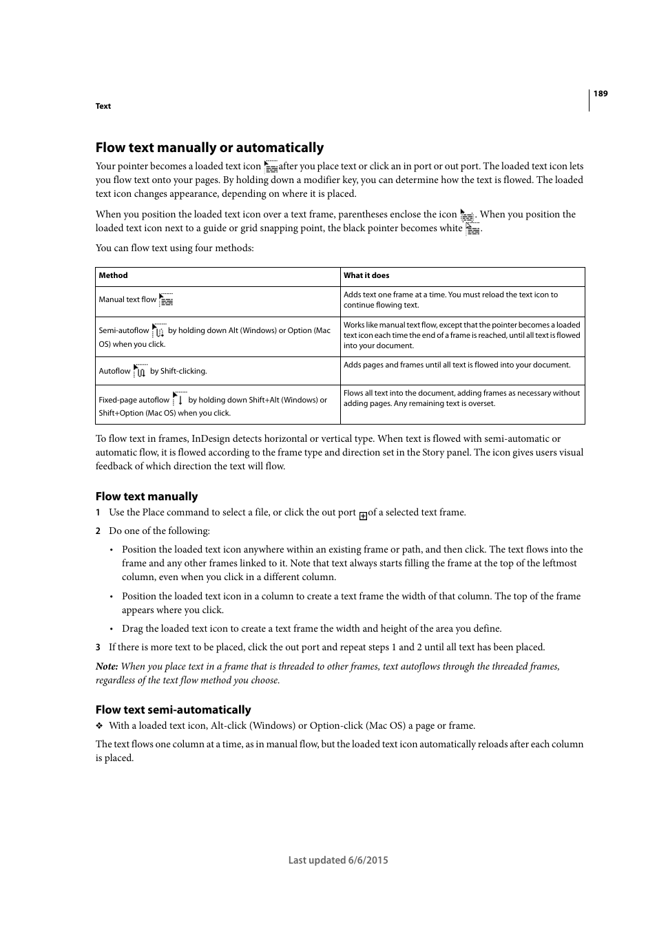 Flow text manually or automatically, Flow text manually, Flow text semi-automatically | Adobe InDesign CC 2015 User Manual | Page 194 / 643