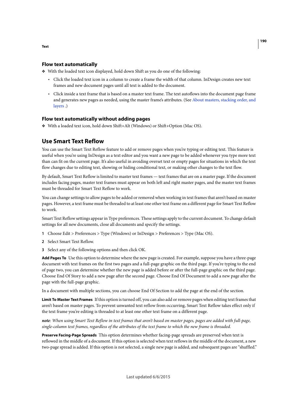 Flow text automatically, Use smart text reflow | Adobe InDesign CC 2015 User Manual | Page 195 / 643