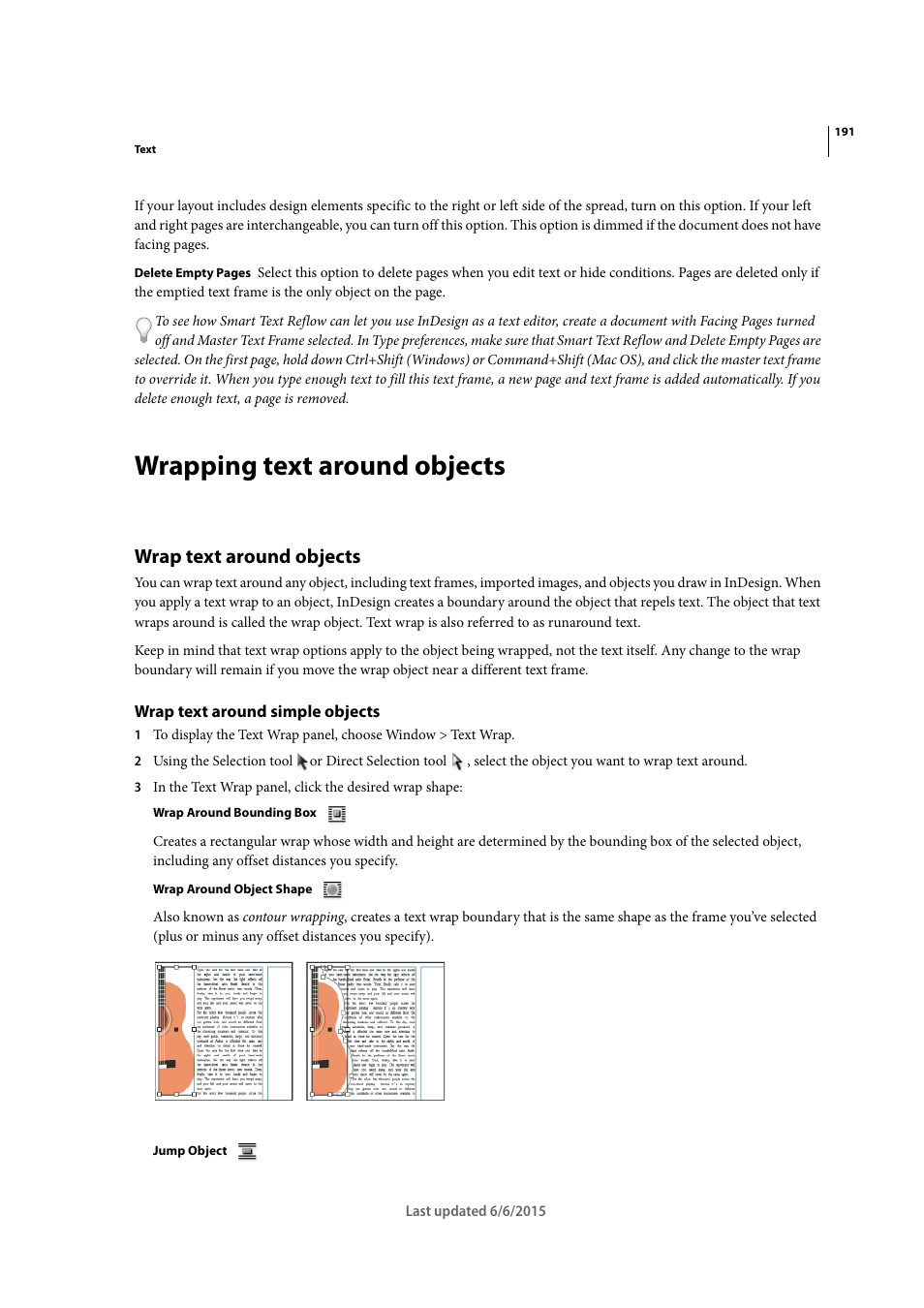 Wrapping text around objects, Wrap text around objects, Wrap text around simple objects | Adobe InDesign CC 2015 User Manual | Page 196 / 643