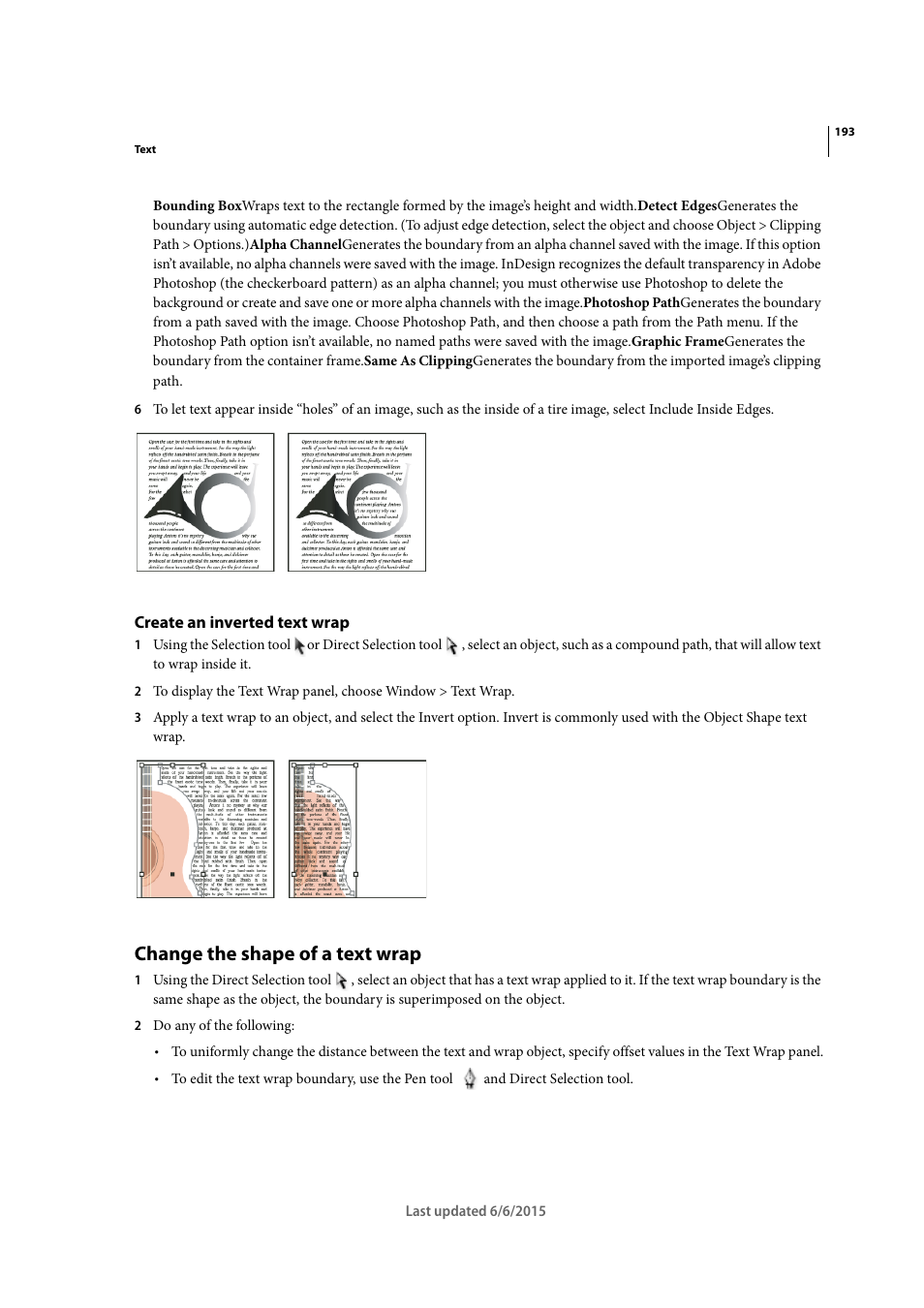 Create an inverted text wrap, Change the shape of a text wrap | Adobe InDesign CC 2015 User Manual | Page 198 / 643