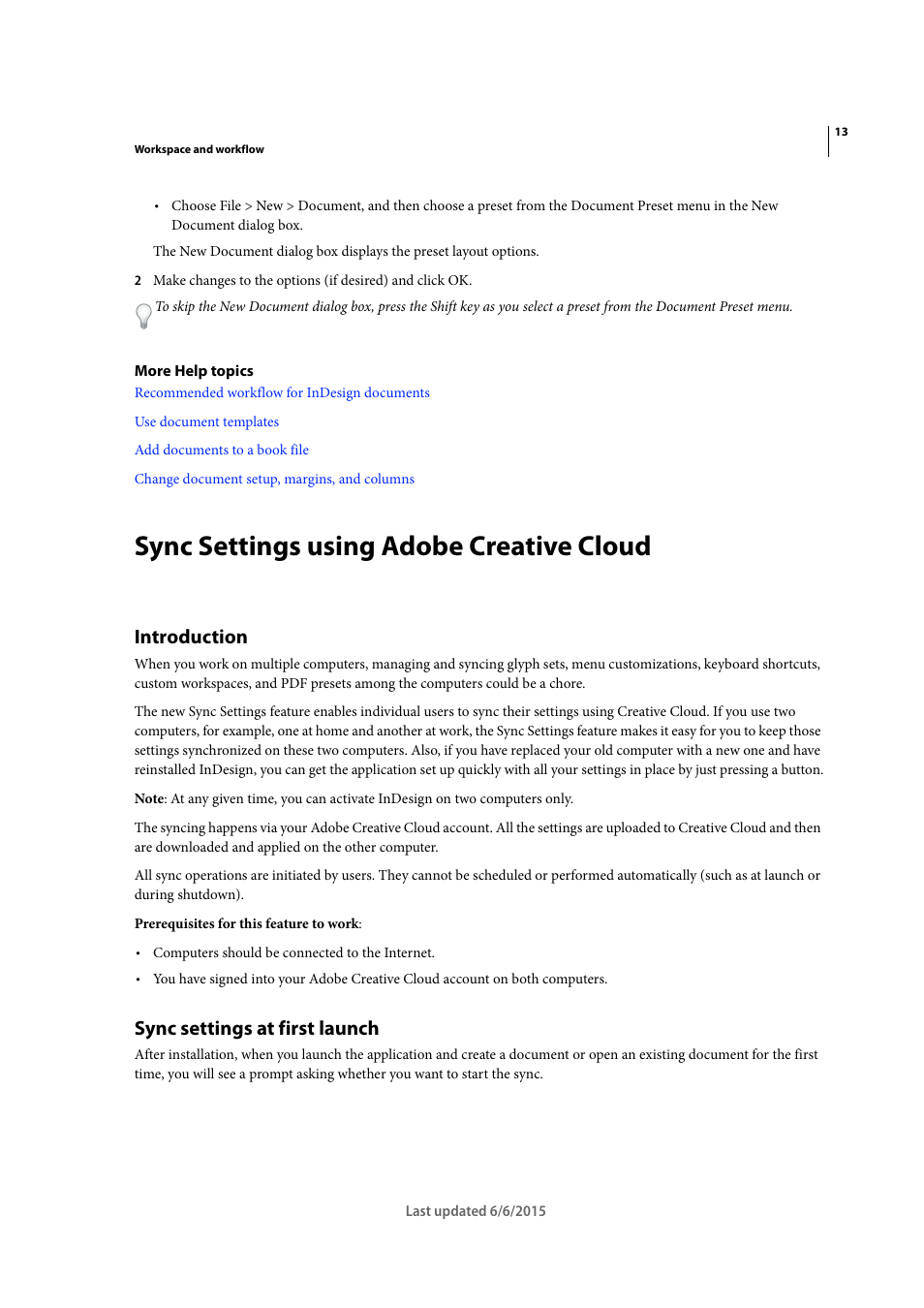 Sync settings using adobe creative cloud, Introduction, Sync settings at first launch | Adobe InDesign CC 2015 User Manual | Page 20 / 643