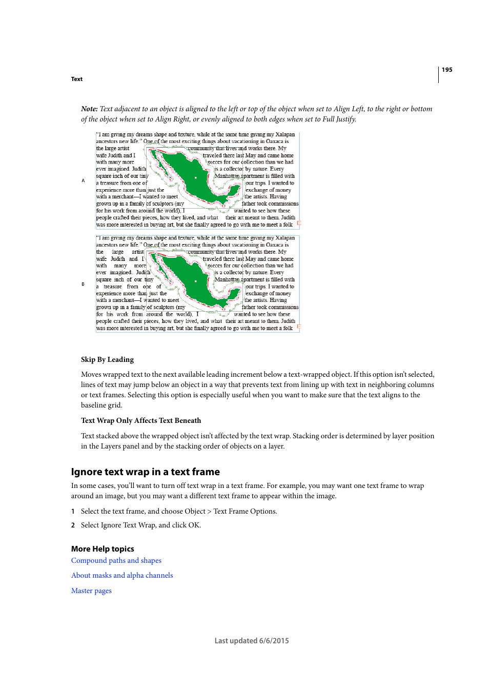 Ignore text wrap in a text frame | Adobe InDesign CC 2015 User Manual | Page 200 / 643