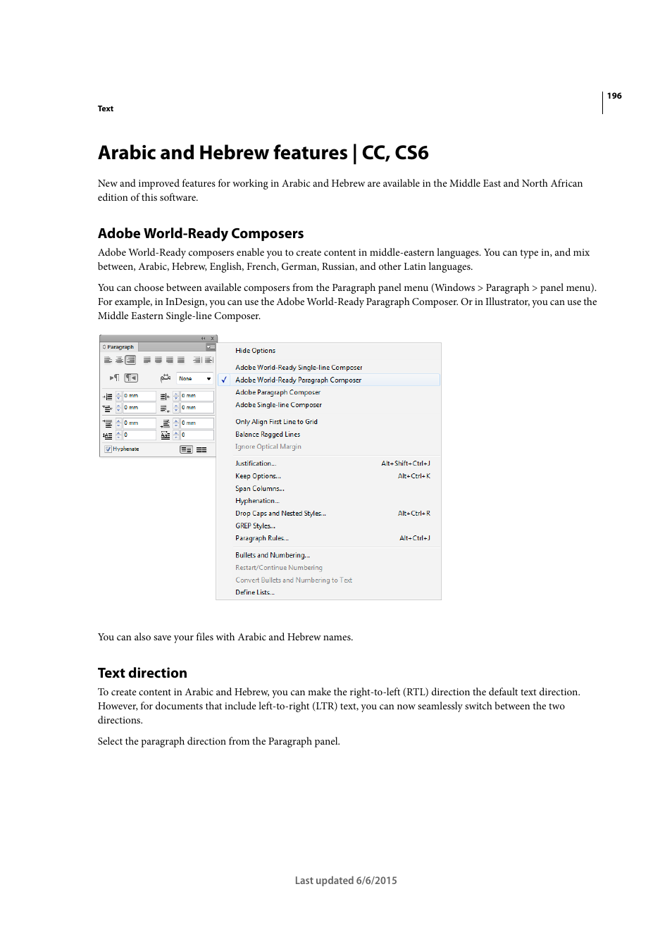 Arabic and hebrew features | cc, cs6, Adobe world-ready composers, Text direction | Adobe InDesign CC 2015 User Manual | Page 201 / 643