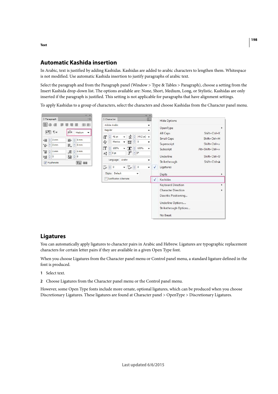 Automatic kashida insertion, Ligatures | Adobe InDesign CC 2015 User Manual | Page 203 / 643