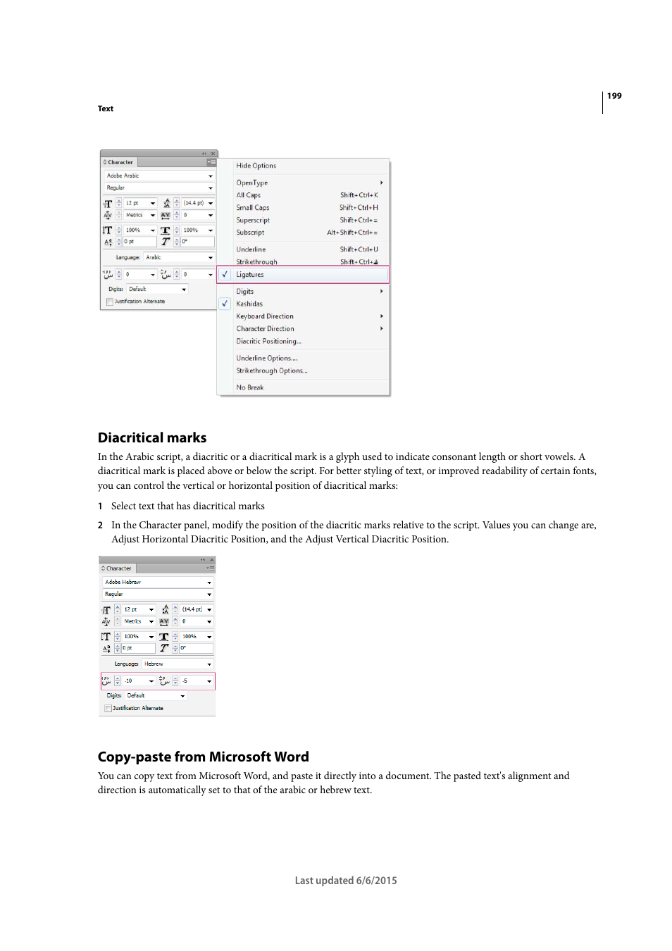 Diacritical marks, Copy-paste from microsoft word | Adobe InDesign CC 2015 User Manual | Page 204 / 643