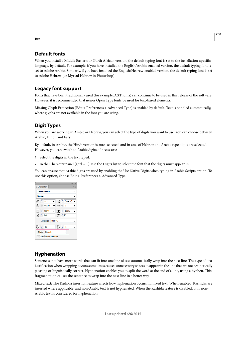 Default fonts, Legacy font support, Digit types | Hyphenation | Adobe InDesign CC 2015 User Manual | Page 205 / 643