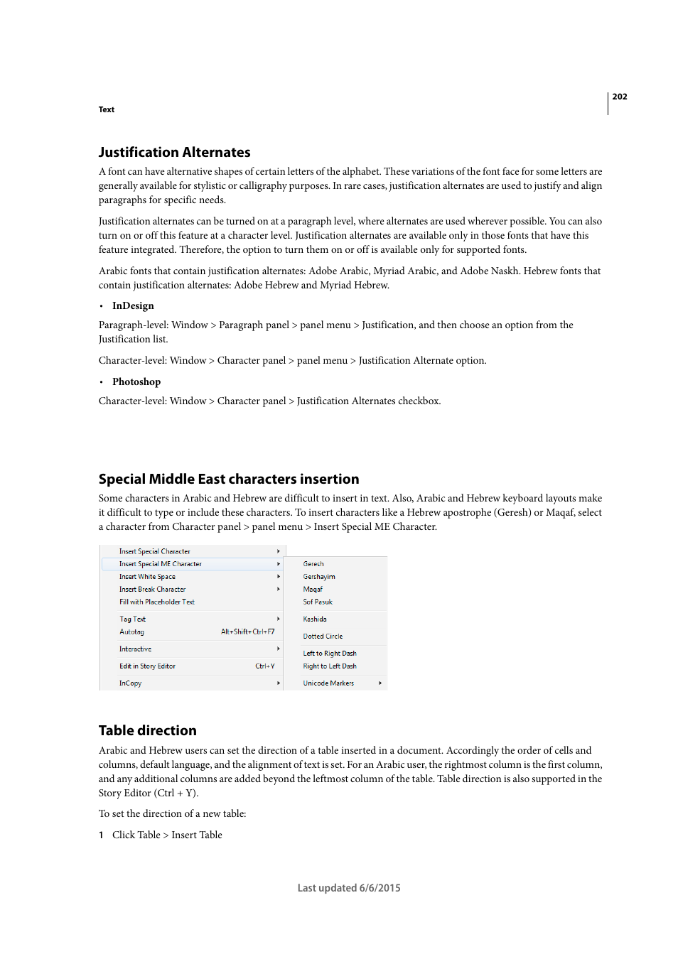 Justification alternates, Special middle east characters insertion, Table direction | Adobe InDesign CC 2015 User Manual | Page 207 / 643