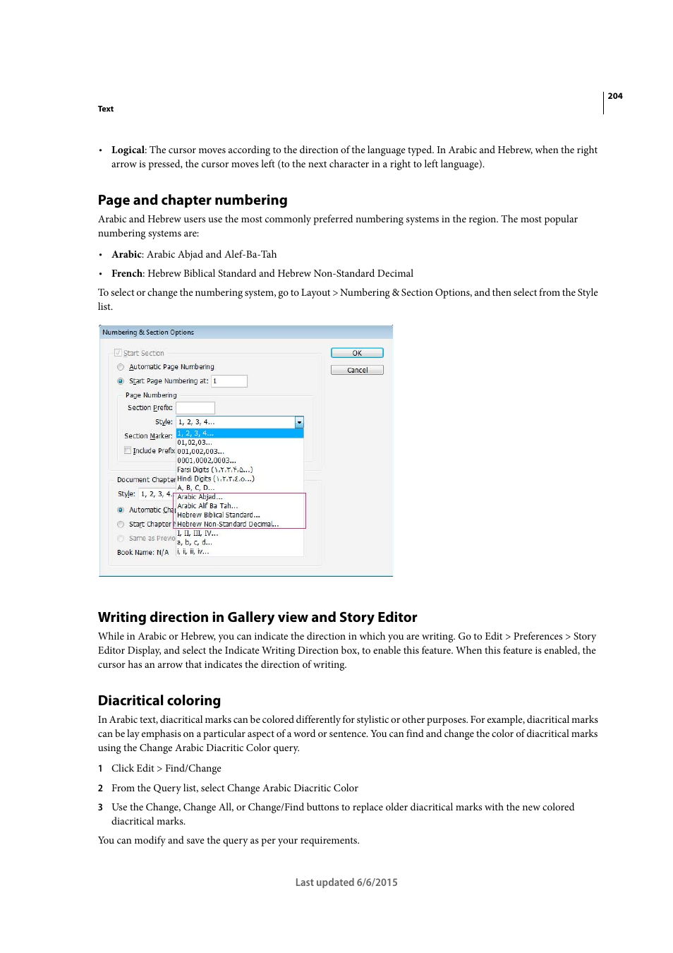 Writing direction in gallery view and story editor, Diacritical coloring, Page and chapter numbering | Adobe InDesign CC 2015 User Manual | Page 209 / 643