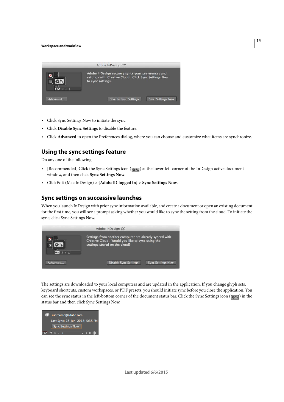 Using the sync settings feature, Sync settings on successive launches | Adobe InDesign CC 2015 User Manual | Page 21 / 643